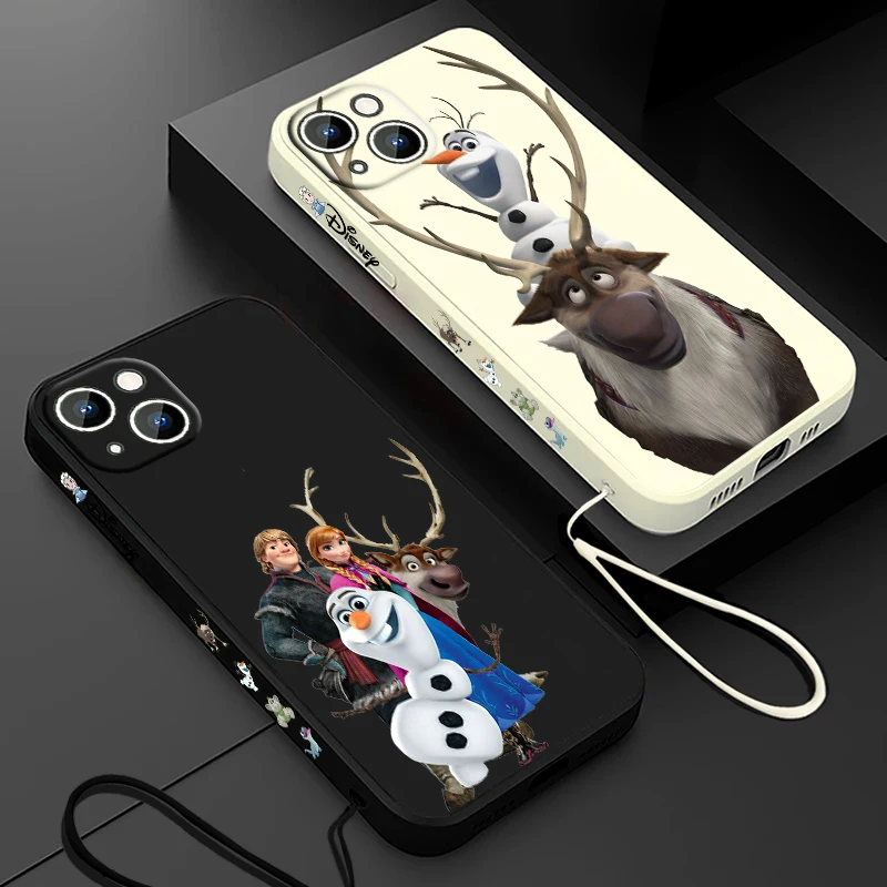 Frozen Olaf Cartoon Phone Case For Apple iPhone 15 14 13 12 11 Pro Max Plus 8 7 SE Liquid Left Rope Capa Cover 