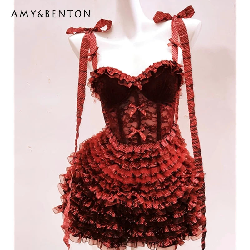 

Original Design Red Bow Women's Tube Top 2025 Autumn New Lace Ruffle Tiered Skirt French Sweet Spicy Sexy Skirts Sets Ladies