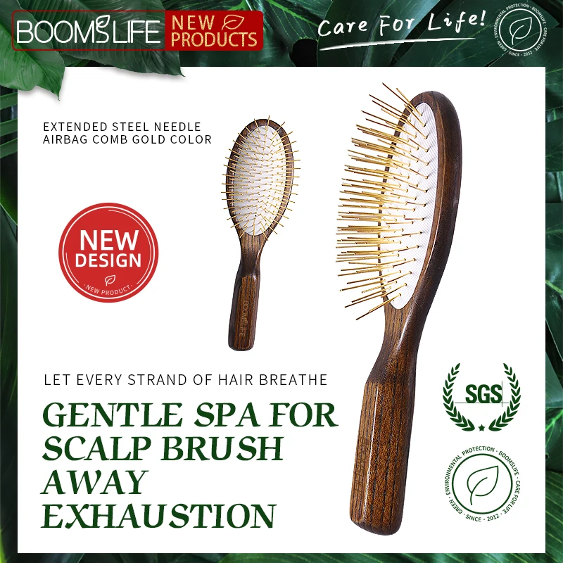 BOOMSLIFE Personalized Logo Metal Needle Wood Hair Brush For Women Hair Detangling Metal Pin Comb Massage Scalp Hair Comb