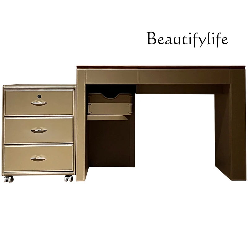 

Italian Minimalist Saddle Leather Dressing Table Modern Light Luxury Flip with Mirror Dresser Storage Cabinet Integrated