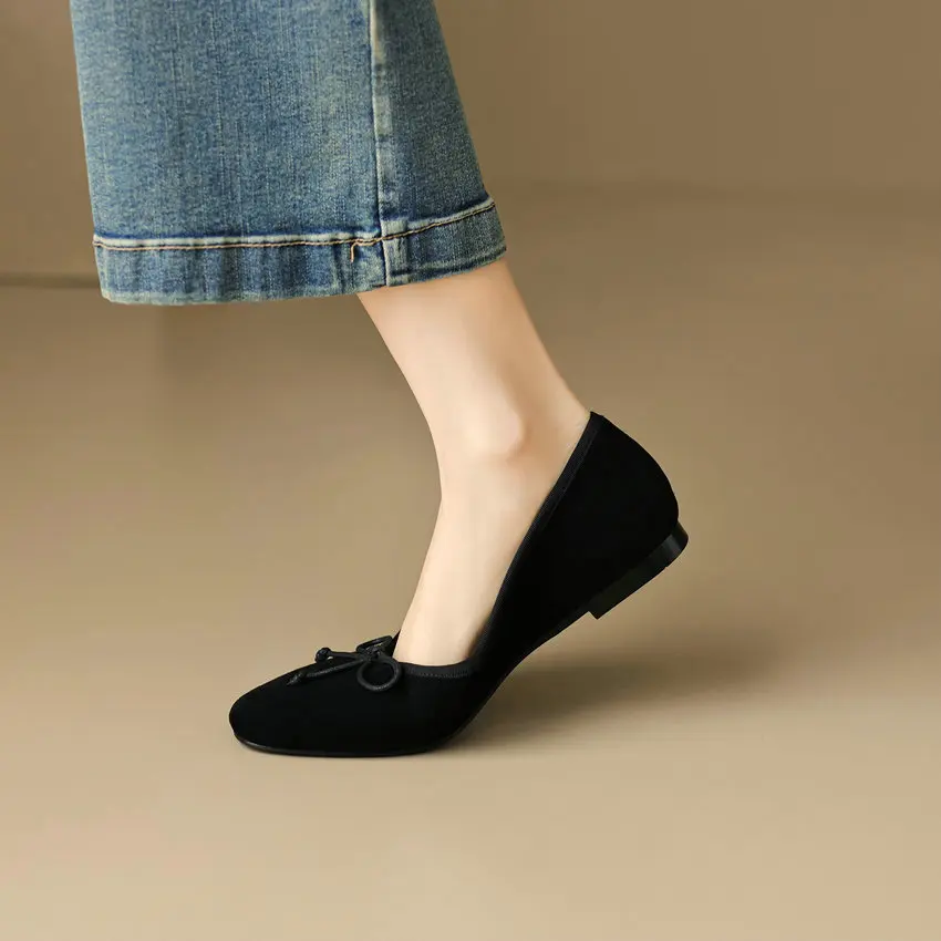 QUTAA 2024 Women Flats Heel Spring Summer Kid Suede Round Toe Basic Black Office Lady Working Shoes Woman Size 34-43