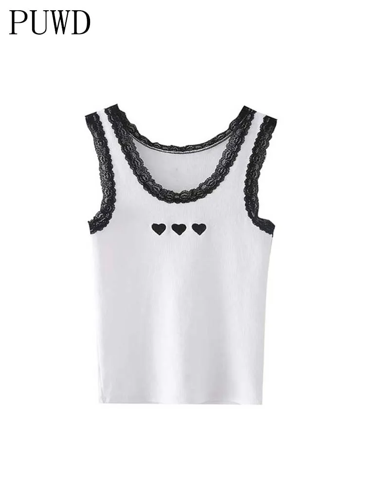 PUWD Sweet Girls Letter Embroidery Soft CottonTank 2022 Summer Fashion Ladies Sleeveless Lace Slim Women Chic Crop Short Top