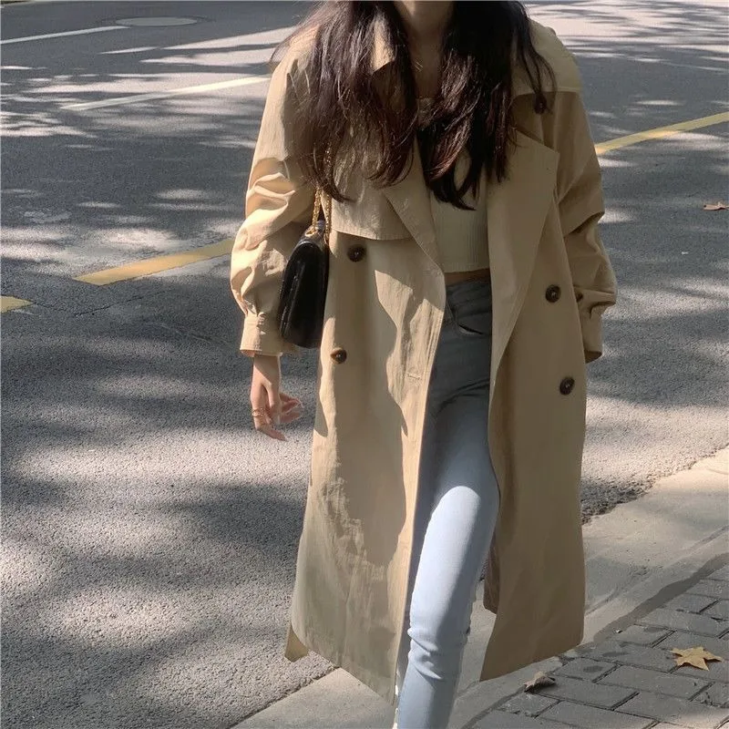 

French Design Sense Khaki Mid-length Coat Coat Women's Autumn 2024 New Retro Strap Loose Top Casual Wear