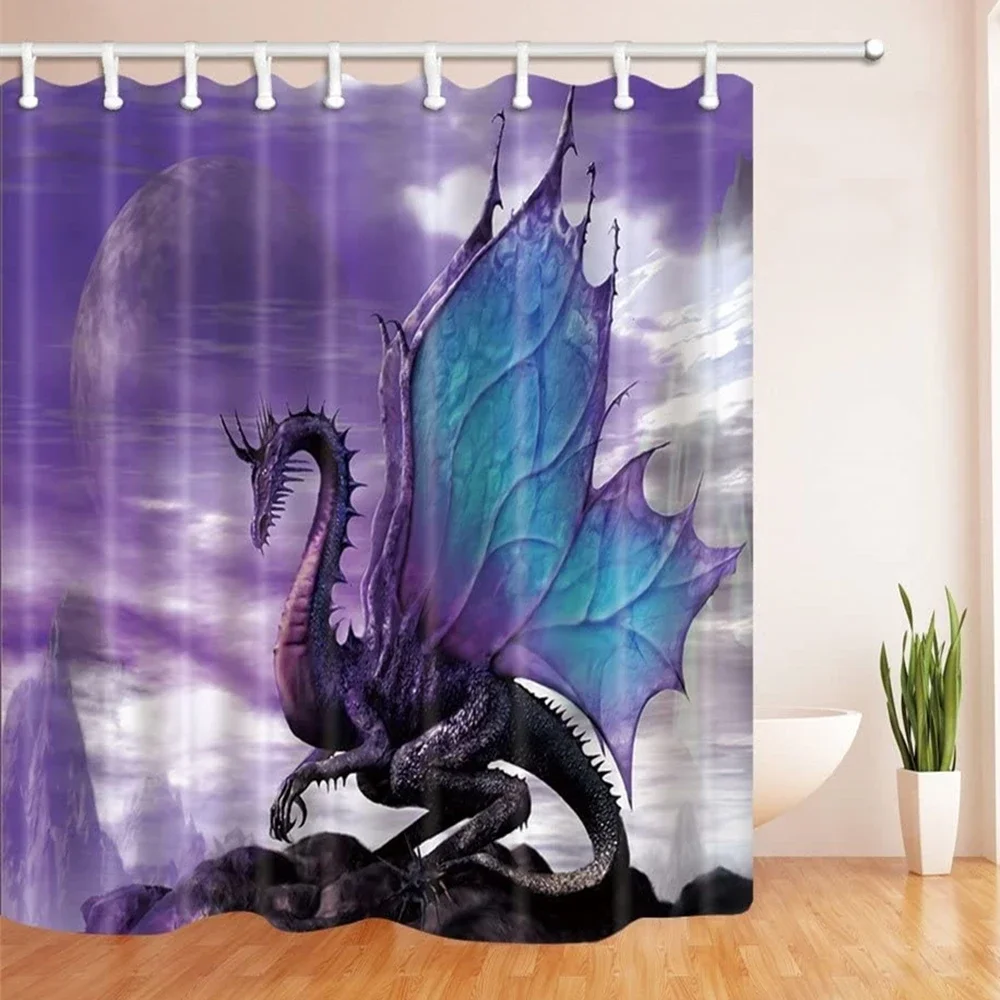 Medieval Fantasy Theme Purple Dragon Shower Curtain Magic Animals Polyester Fabric Bath Curtain for Bathroom Decor with Hooks