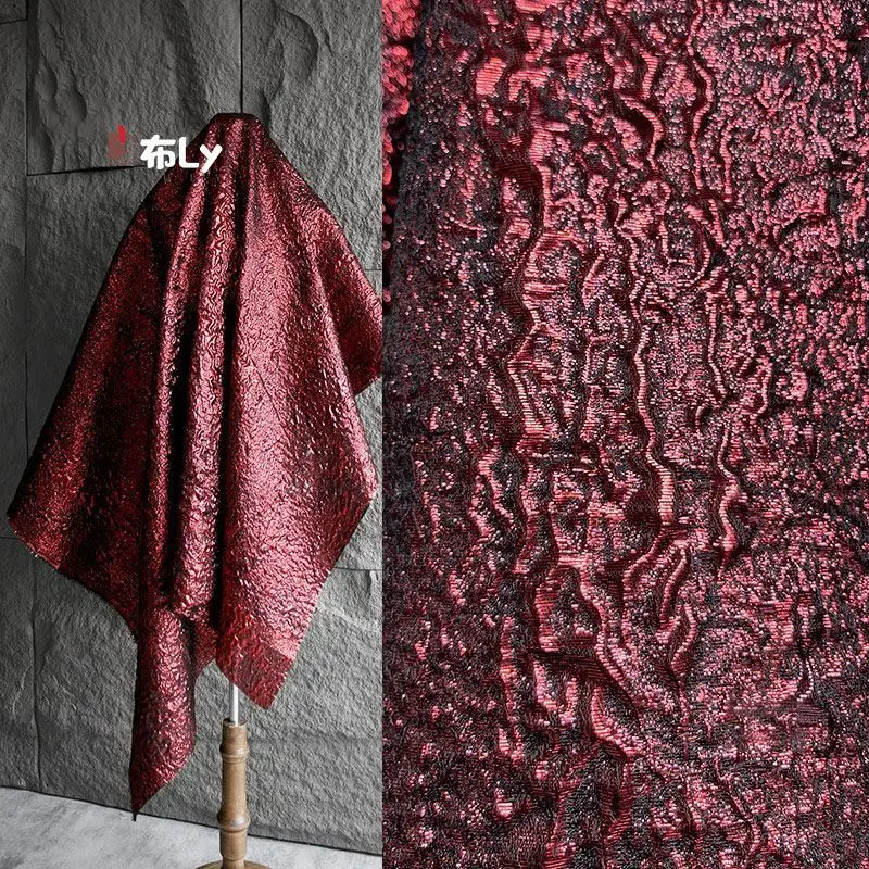 Dark red jacquard texture retro fabric irregular three-dimensional fold pants coat clothing high-end design fabric