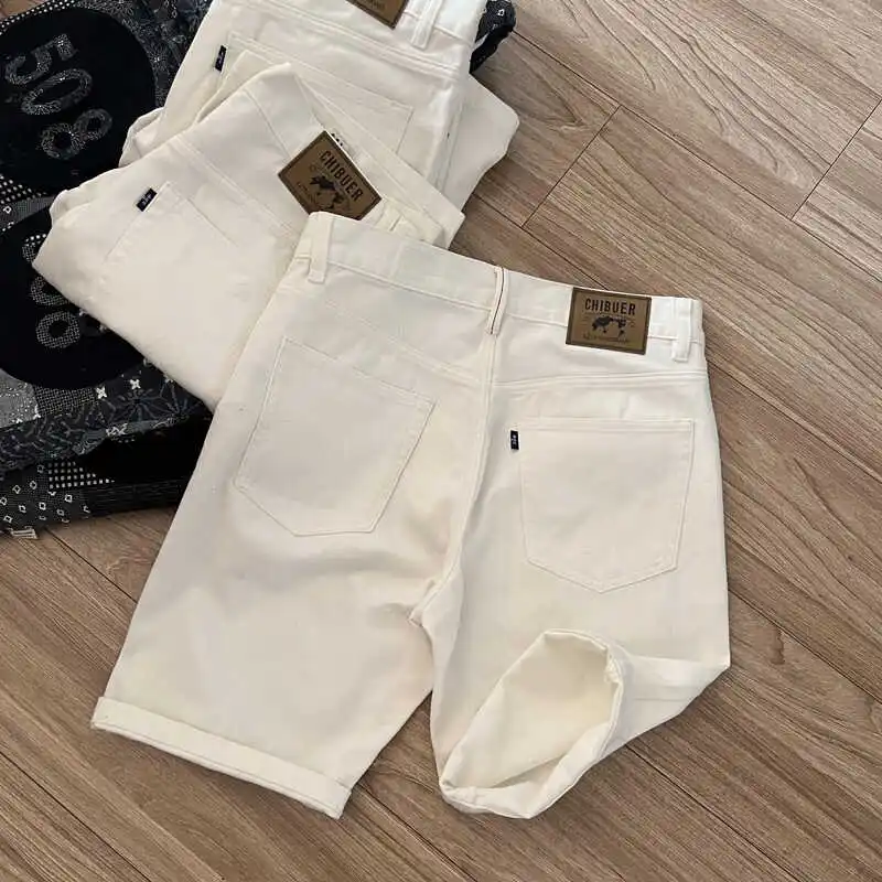 100% Cotton Vintage White Washed Denim Shorts for Men Summer Casual Fit Straight Half Jeans 24ss Y2k Youth Male High Quality