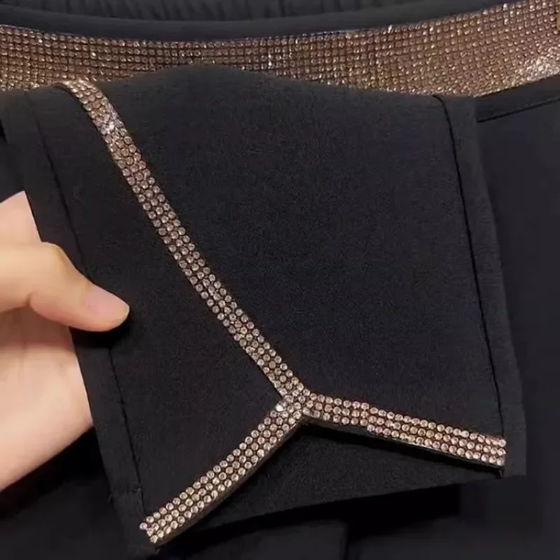 Black Bright Diamond Stitching Casual Pants Fall/Winter New Loose Stretch High Waist Skinny Slim Plus Size Harlan Pants Women