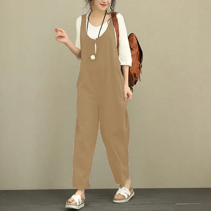 Women Sleeveless Long Pants Romper Summer Thin Cotton Pocket Playsuits Casual Multi Color V-neck Suspenders Jumpsuit