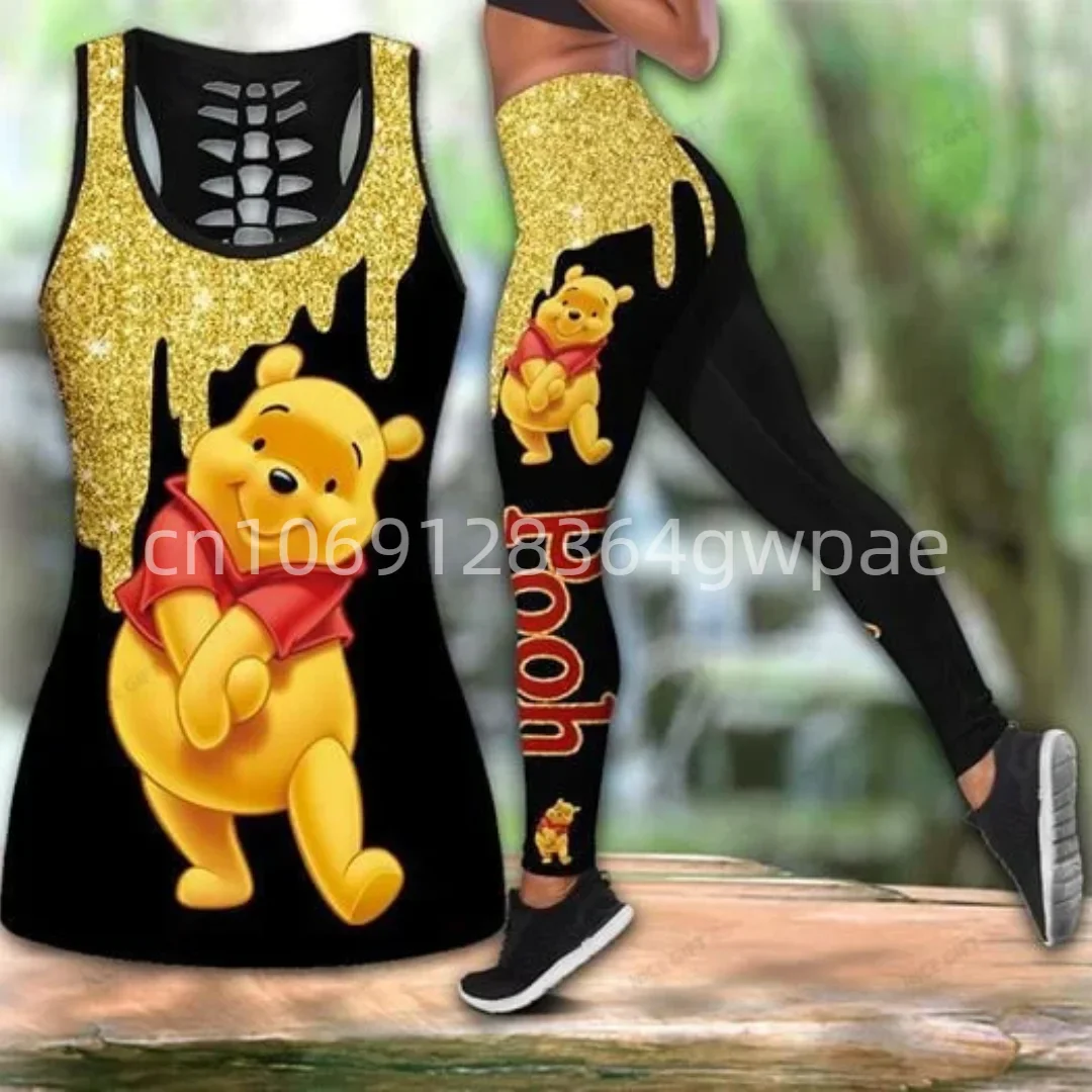 Disney Winnie The Pooh Women's Cutout Tank Top Leggings Yoga Set Summer Fitness Tracksuit Hollow Tank Top Leggings Set