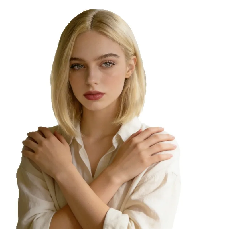 Picture 6: European and American style women's wigs, off-white short hair, middle-parted BoBo short straight synthetic hair wig