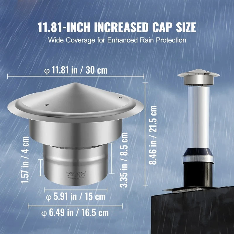 Chimney Cap 6 inch 304 Stainless Steel Round Roof Rain Cap 11.81-inch Increased Caps for Insulation Vent Cover Outside