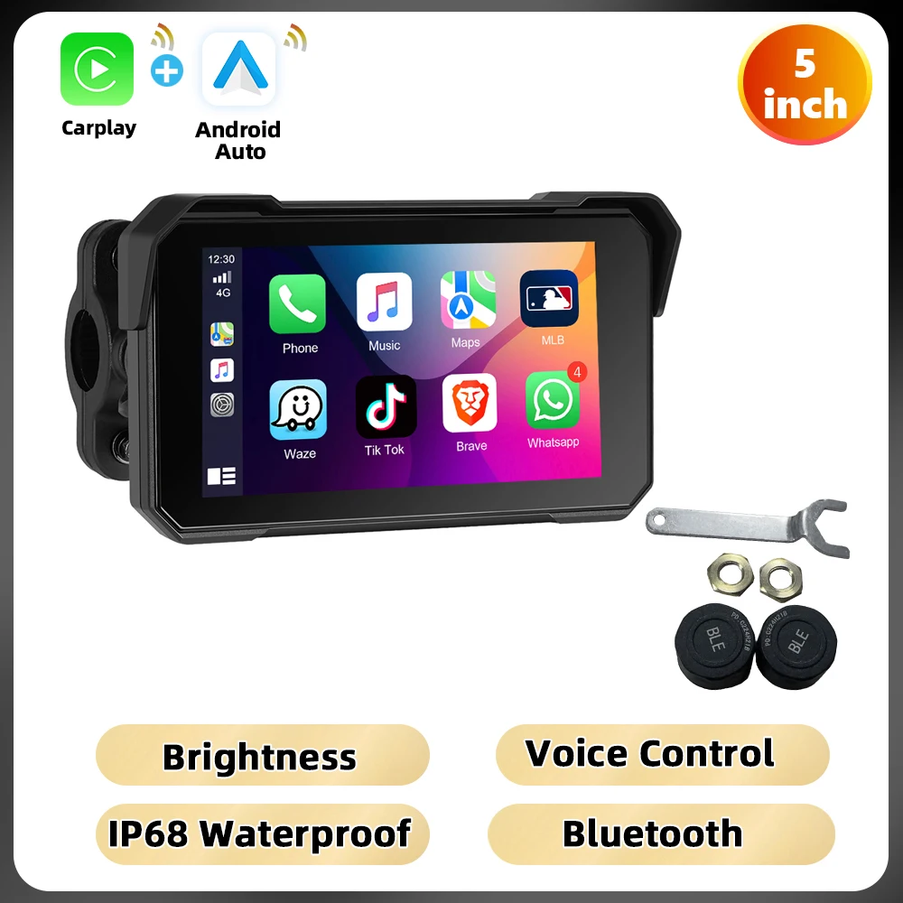 Podofo 5 ''IPS Scherm Motorfiets Carplay Android Auto Helderheid Aanpassing IP68 Waterdichte Bluetooth 5.0 Smart Screen Speler