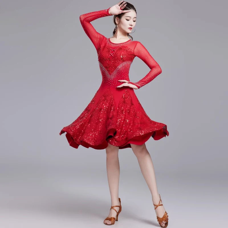 Robes de danse latine pour femmes, ligne a, pour filles, Salsa Samba, robe à bretelles en maille, strass, compétition de groupe, Costume à paillettes avec collier