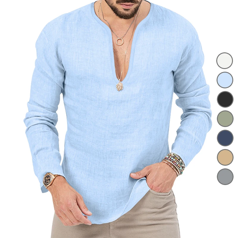 Men\'s Spring/Summer Large casual tropical cotton and linen deep V-neck solid color large sleeved T-shirt shirt