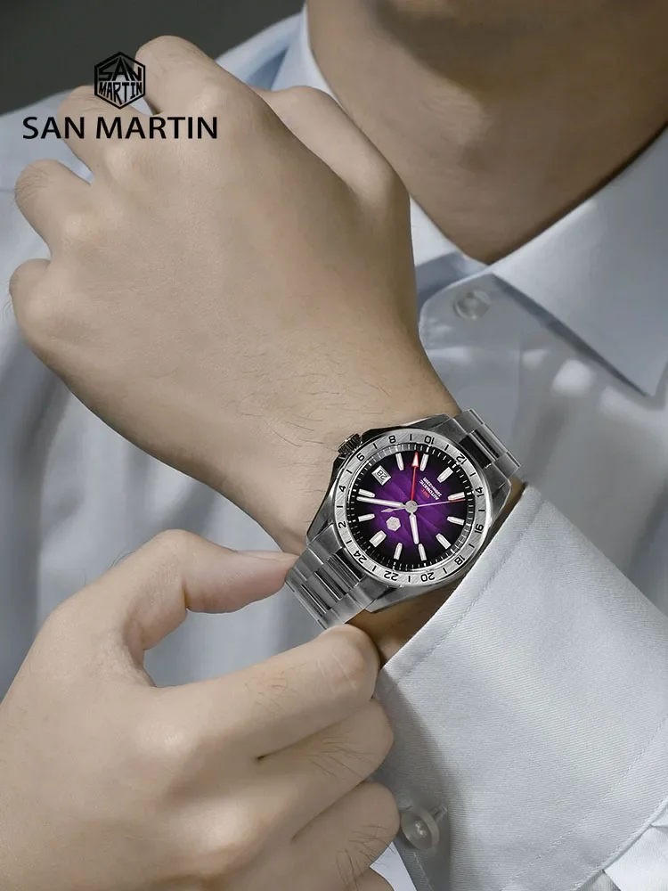 San Martin SN0129 39mm Men Dive Watch NH34 GMT Automatic Mechanical Waterproof 100m Sapphire Purple Desert Texture Dial Watches