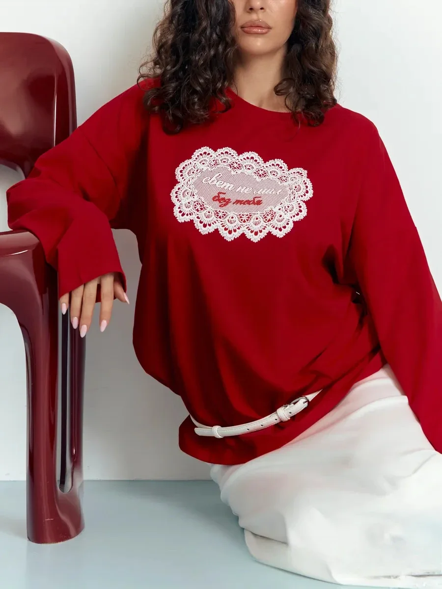 American Vintage 100% Cotton Women's Long Sleeve T Shirt  Oval Border Text Graphic Print Loose Fit Chic Fall Basic Top