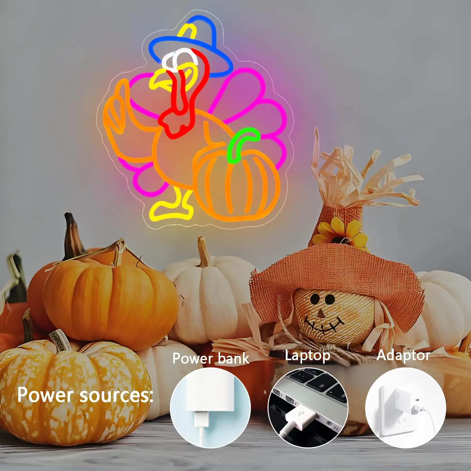 Pumpkin Turkey LED Neon Sign for Wall Decor Thanksgiving Glowing USB Powered Dimmable for Fall Harvest Home Decor Party Gift