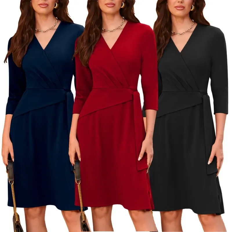 Women Red V-Neck Sexy Midi Dress Summer Elegant Bodycon Office Lady Dress 2024 Korean Vintage Black Hepburn Party Solid Vestidos