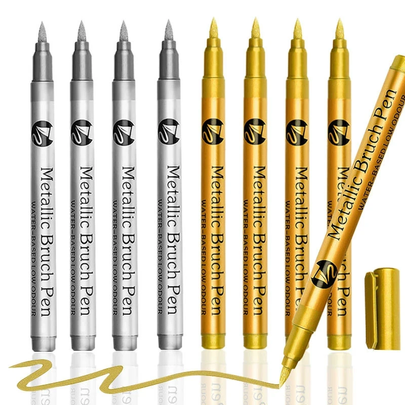

6/12Pcs Soft Brush Permanent Metallic Paint Marker Pen, Waterproof Gold&Silver ,Rock, Mug, Ceramic, Glass, DIY Painting Supplies