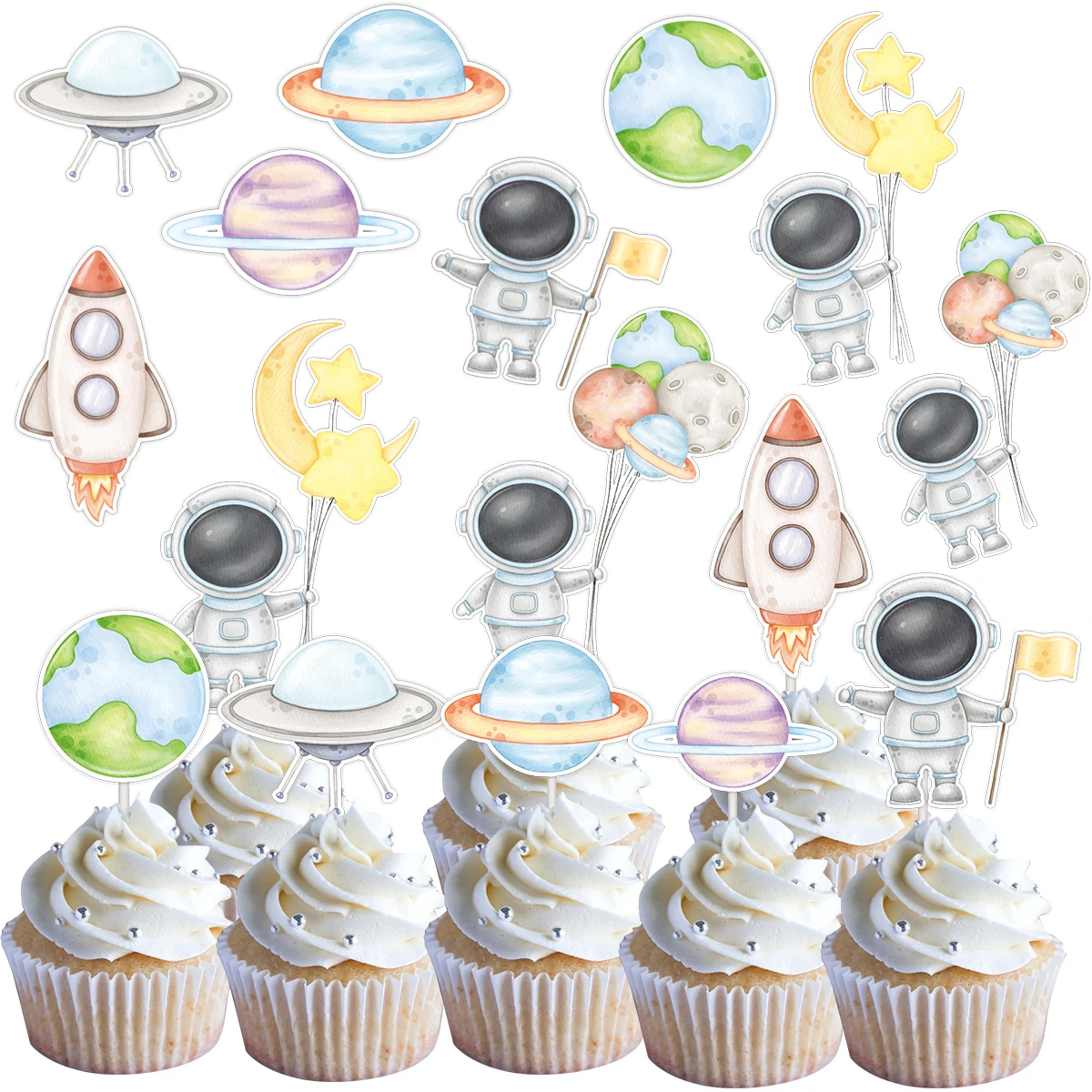 16 Stück Karton-Flugzeug-Raketen-Kuchenaufsätze, Aquarell-Astronauten-Papier-Cupcake-Aufsatz für den Weltraum des Jungen, Geburtstagsfeier-Dekoration – Detail 5