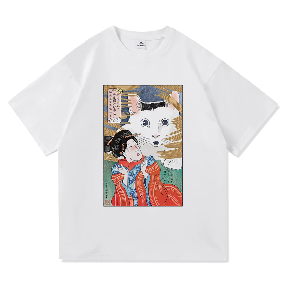 هوه القط ميمي تي شيرت اليابانية مضحك القط موضة الرجعية الرجال/النساء الملابس خمر Harajuku بلايز عالية الجودة القطن بلايز #3