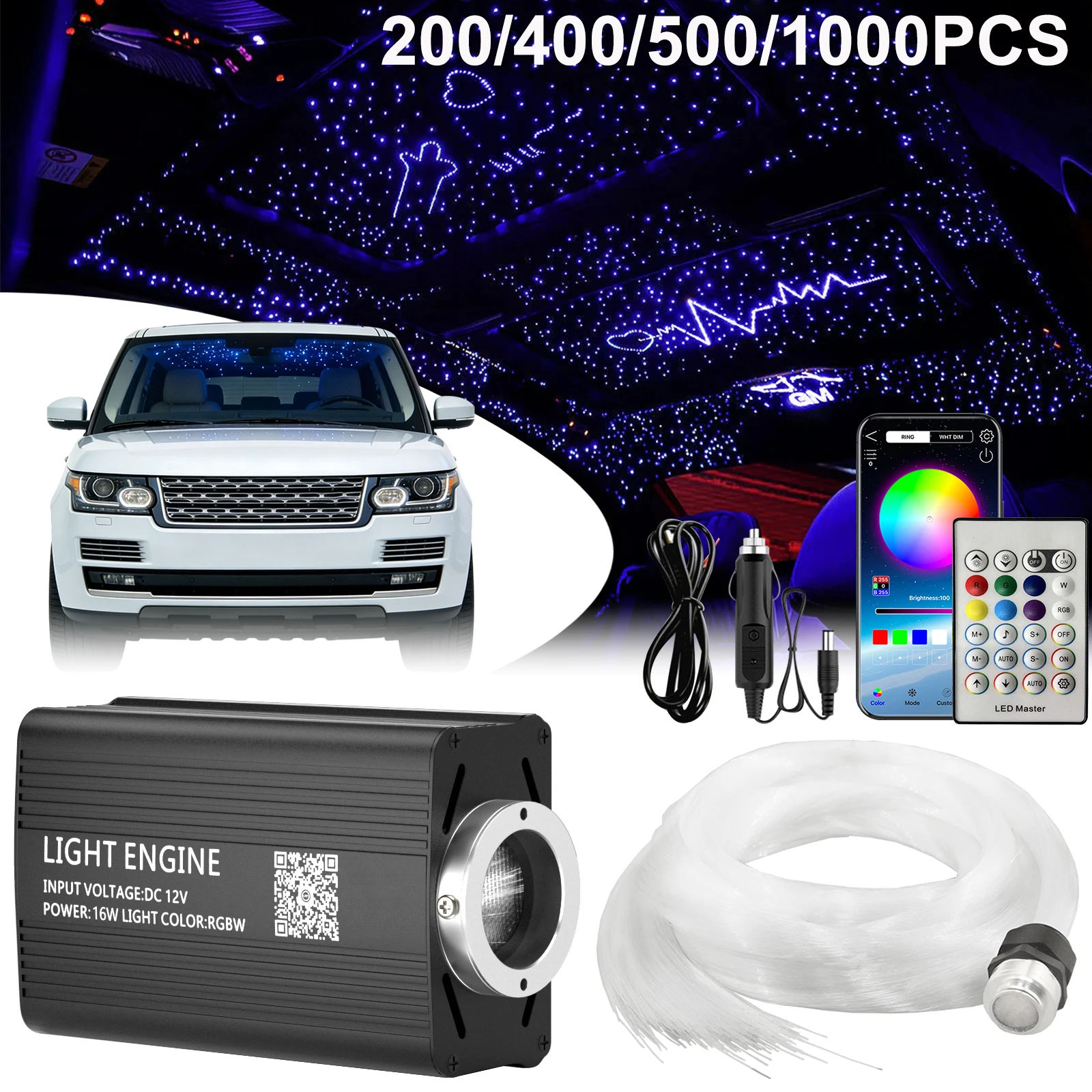 ミニサイズ16w-rgbwアプリ光ファイバーライト、音楽起動式天井照明キット（車、トラック、ヘッドライナー、スター-ホーム用）