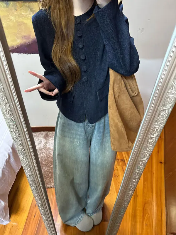 

Korean Sle ort Casual Faion Outerwear Unique Design Autumn Season Women's Top Quali Gentle Sle Stand Fit Button ...