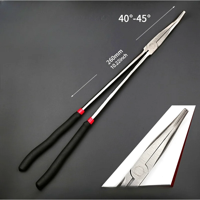 Damaly, pinza a becchi lunghi da 16 pollici - Pinza ad ago in acciaio curvo da 25/45 gradi con accenti rossi, manici neri ergonomici
