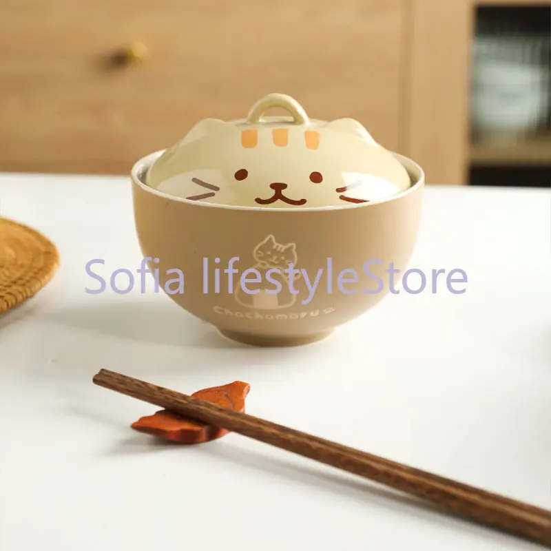 Japanese Cute Cat Cover Bowl Ceramic Soup Bowl Kawaii Instant Noodle Ramen Salad Baby Bowls Child Cartoon Decorative Dinnerware