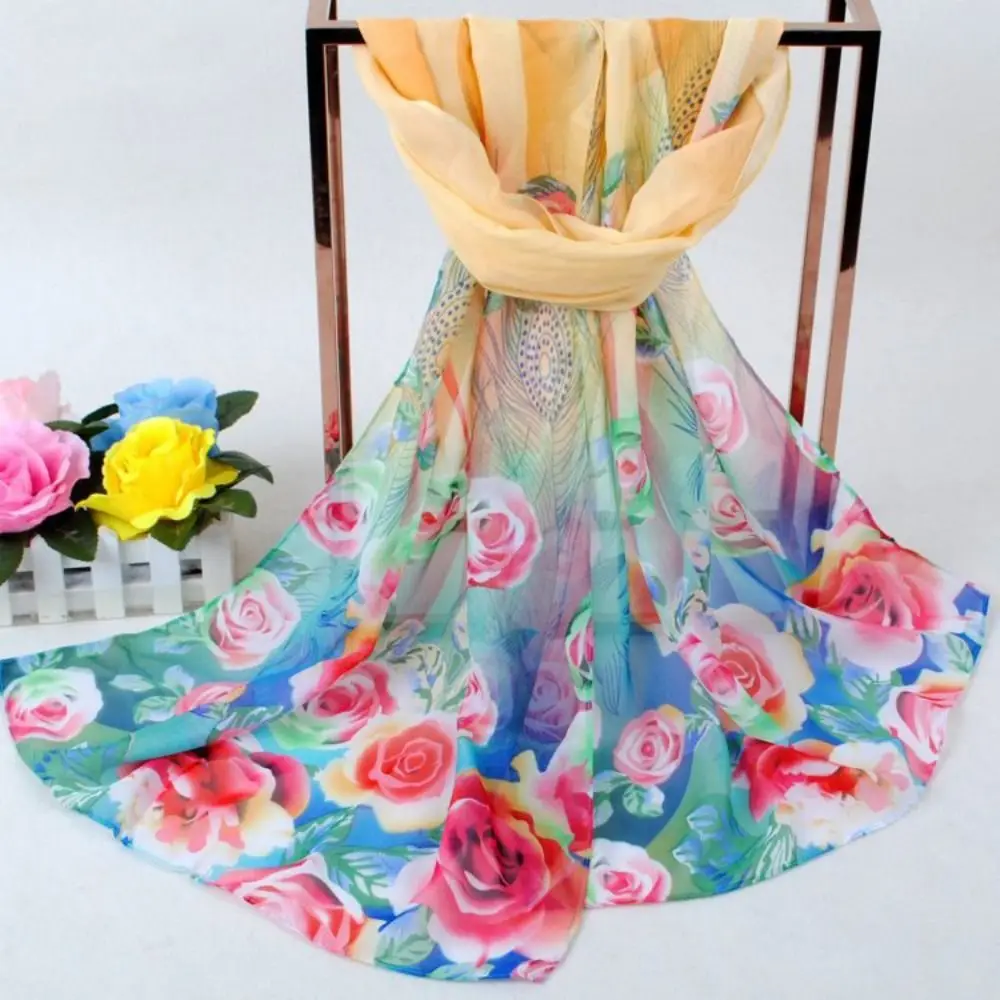 Peacock Feather Rose Pattern Printed Silk Scarf Polyester Material Sun Protection Gradient Shawl Windproof Neck Scarf Women's
