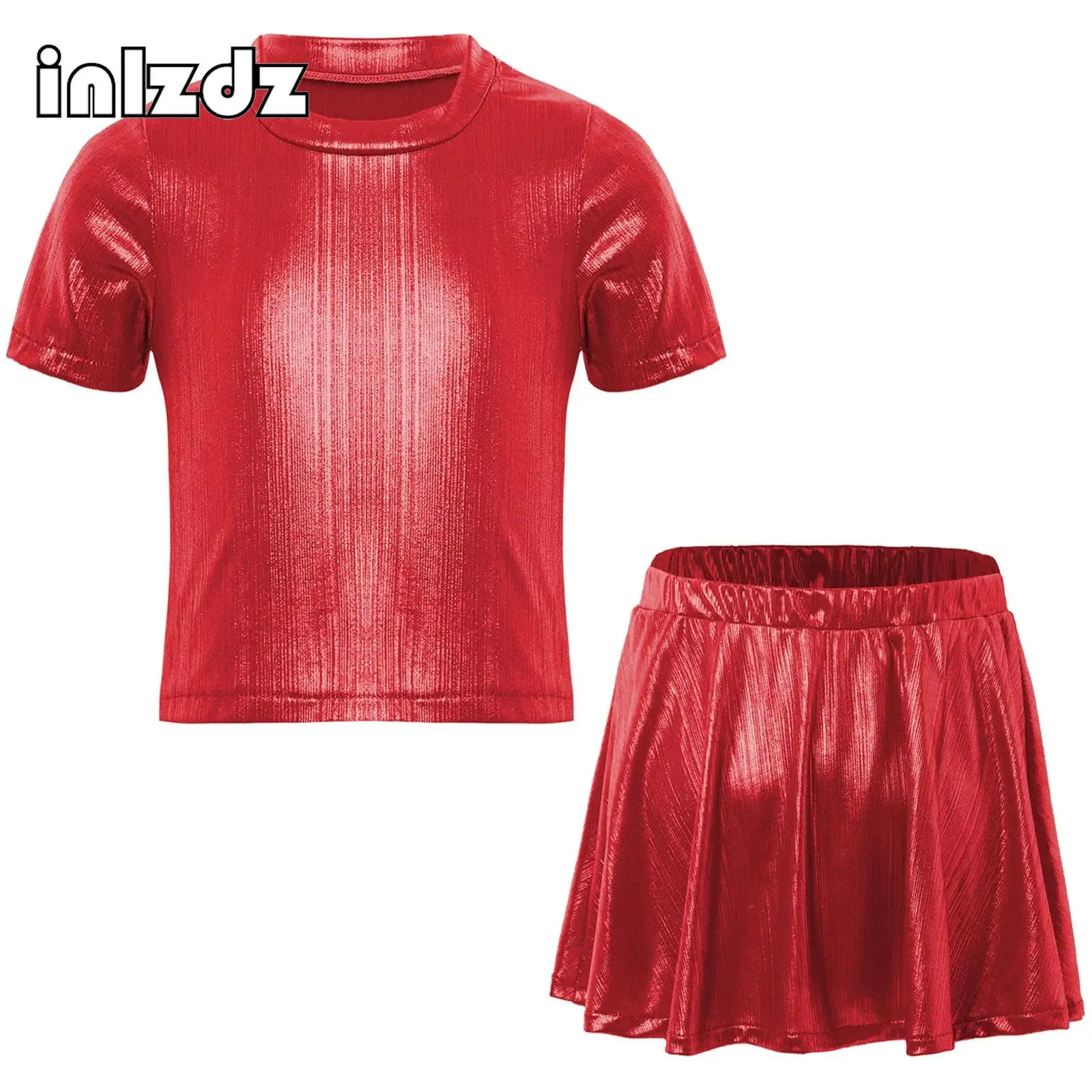 

Kids Girls Jazz Dance Crop Top Sets Metallic Crop Top with Shimmery Ruffled Skirt for Hip-Hop Cheerleading Stage Performance