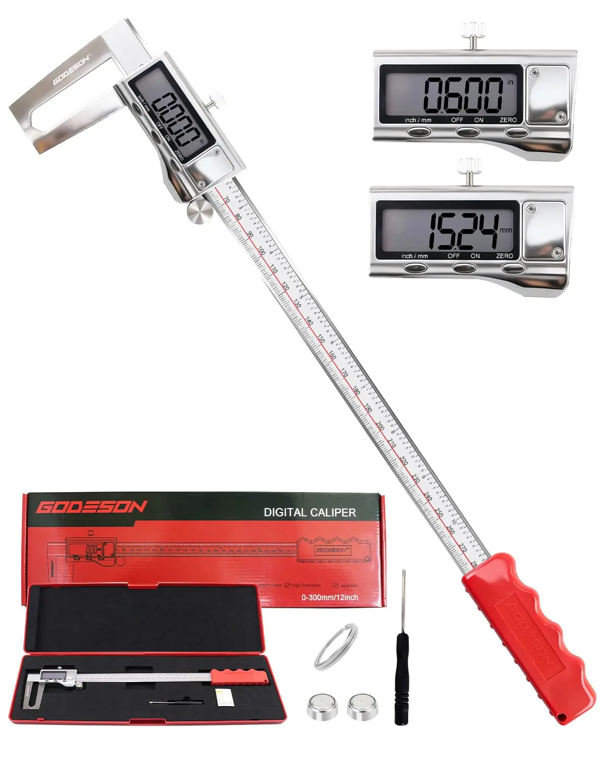 

12-дюймовый цифровой штангенциркуль с внешними захватами, из нержавеющей стали, с ЖК-дисплеем, единицами измерения в дюймах/мм, функцией автоматического отключения и кейсом для хранения