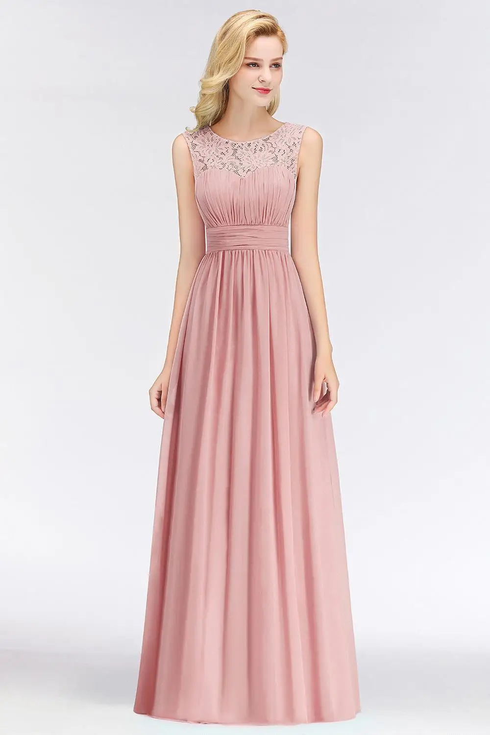 Prom Dresses Dusty Pink Scoop Neckline A-line Ankle-length Evening Dresses Lace Zipper Up Chiffon Sleeveless Wedding Party Dress