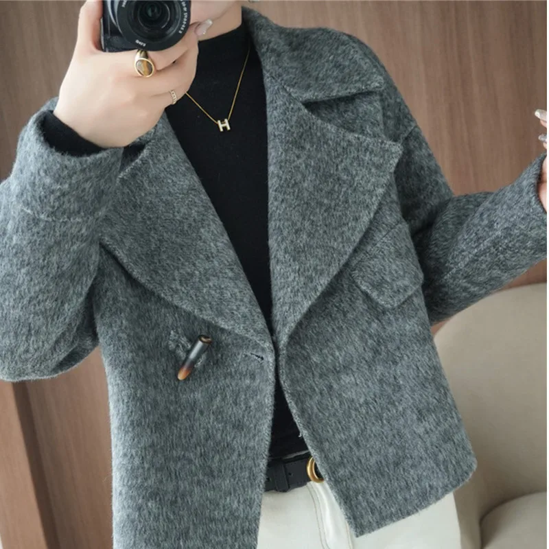 

Осень-зима 202, двустороннее женское шерстяное пальто, новая мода, однотонная короткая верхняя одежда, свободная двубортная шерстяная куртка, женский топ