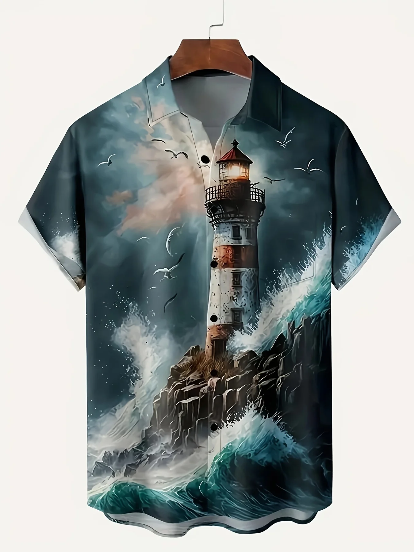 Camisa de manga corta con estampado de faro 3D para hombre, Tops de talla grande