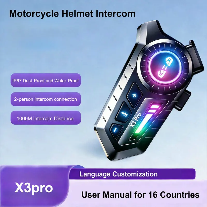 X3PRO Motorcycle Helmet Bluetooth Headset 2-Riders Intercom 1000M Wireless 6.0 IPX6 Waterproof Voice Assistant Noise Reduction