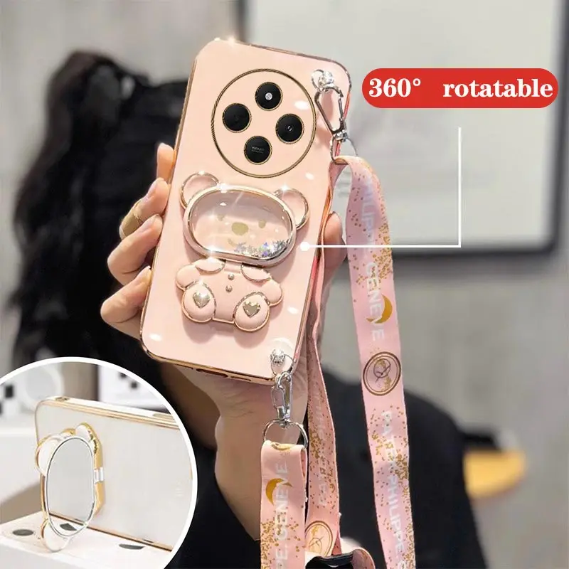 14C Raccoon Makeup Mirror Lanyard Plating Phone Holder Case For Xiaomi Redmi 14C Turbo3 12 A3 9T 9A 10C 10 12C 13C 10A 13 Cover