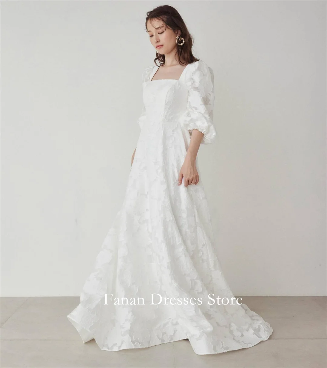 FANAN Korea 스퀘어 넥 레이스 우아한 A 라인 심플 웨딩 드레스 웨딩 드레스 셔링 코르셋 아이보리 맞춤형 예쁜 신부 G