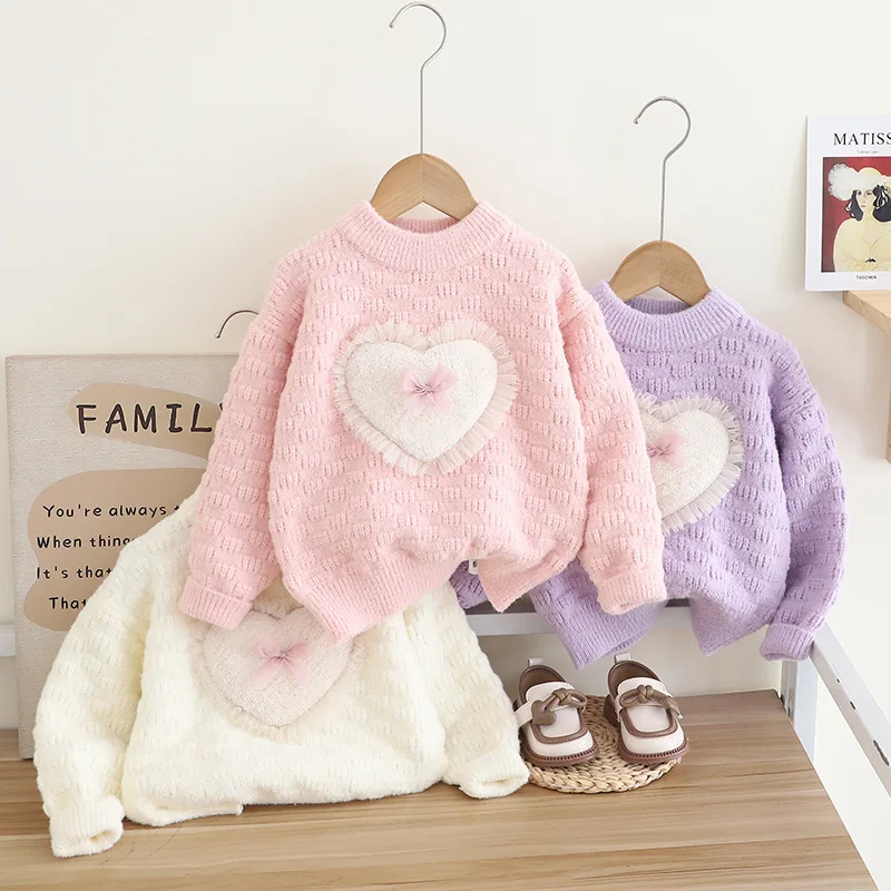 1-6 Years Girls' Thickened And Fleece Sweater, 2026 Autumn/Winter Heart-shaped Pullover Sweater, Girls' Base Layer And Warm Top