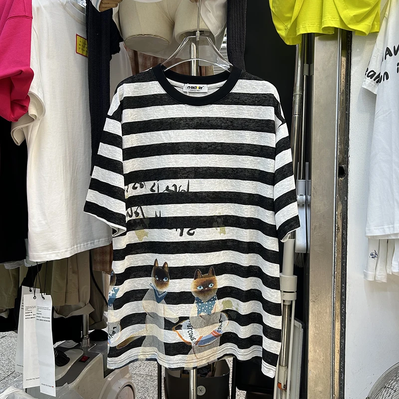 

Summer round Ne Overhead Color Blo Mid-Length Stripe Sunscreen T-irt ort Sve Women Loose Thin Transparent Top