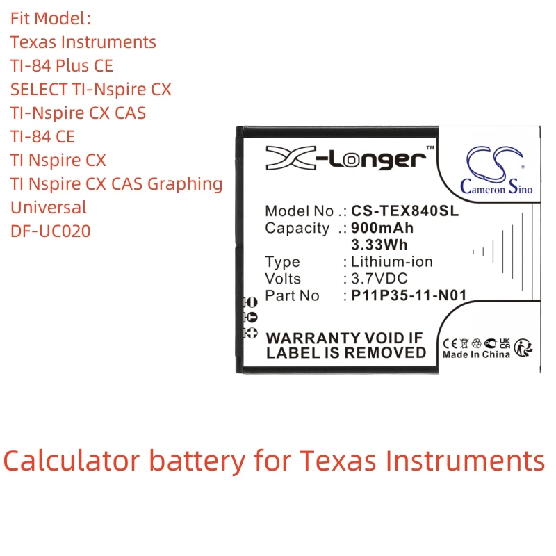 

CS Li-ion Calculator battery for Texas Instruments,Universal,3.7V,900mAh,TI-84 Plus CE, TI Nspire CX CAS Graphing,DF-UC020