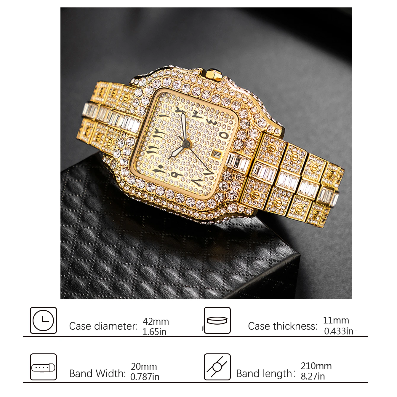 Missfox Square Men\'s Watches With Baguette Zircon Bracelet Gold Luxury Calendar Watch For Men Arabic Numeral Dial Wristwatches