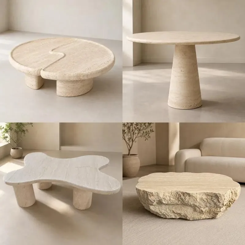 Low Limestone Coffee Table with Round Stone Top