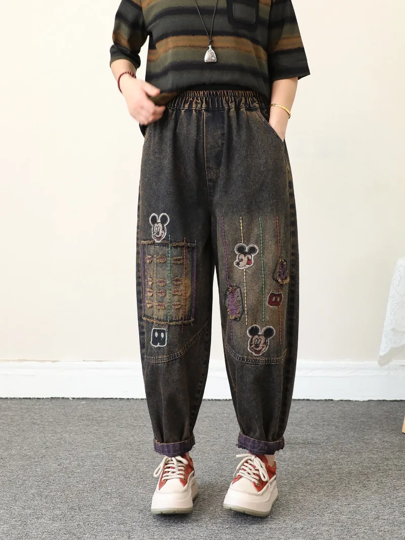 Jean brodé de dessin animé pour femmes, ligne colorée, ample, surdimensionné, amincissant, déchiré, sarouel court, nouveau pantalon en Denim, automne