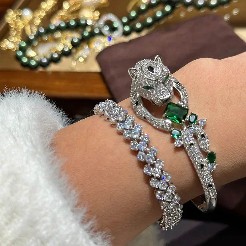 High-end luxury black spots green eyes leopard open bracelet accessory for woman