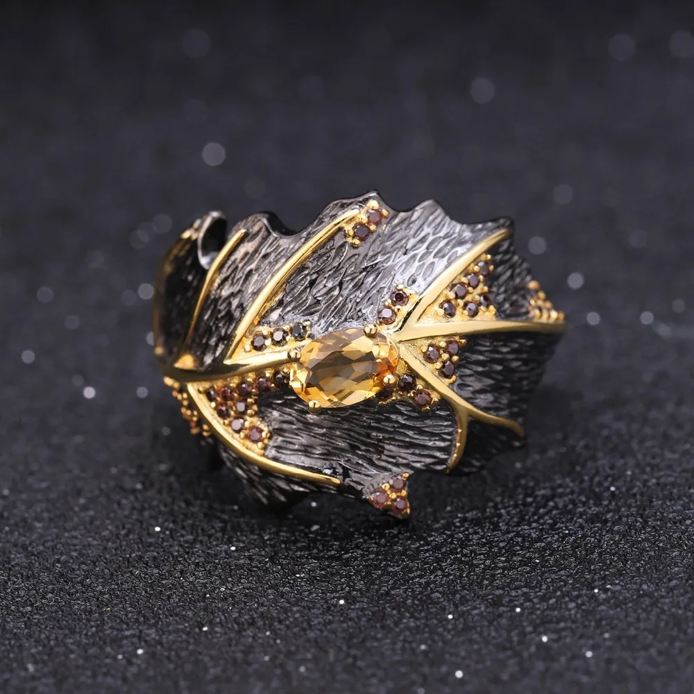GEM'S BALLET Georgia O'keeffe Leaf Ring 0.81Ct Natural Citrine 925 Sterling Silver Handmade Design Rings for Women Bijoux