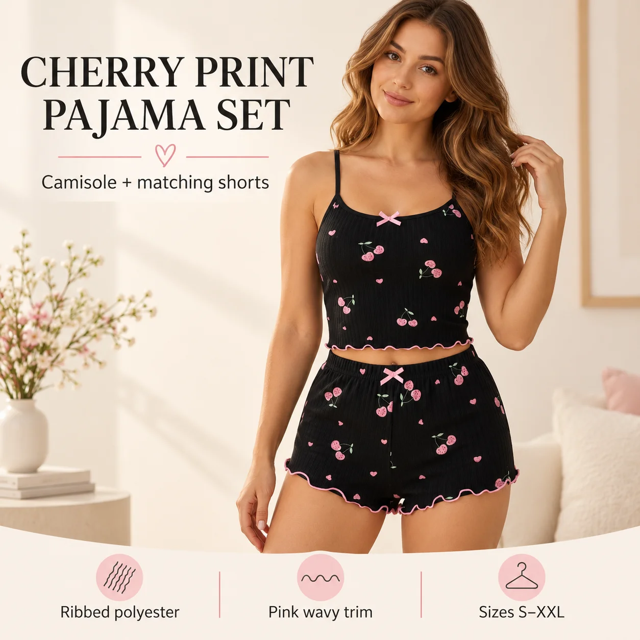 Women's Ribbed Polyester Camisole and Shorts Pajama Set Black Pink Cherry Heart Print Summer Sleepwear with Bow Accents