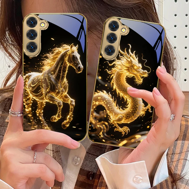 Golden Dragon Totem For Samsung Galaxy S20 FE S21 S22 S23 Plus S24 Ultra 25Ultra S21+ S9+ S22Plus Golden glass phone case