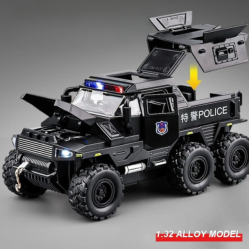 

1:32 Conqueror Armored Police Car 6X6 Off-road Vehicle Simulation Model Toy Sound Light Car Children's Birthday Gift Collection