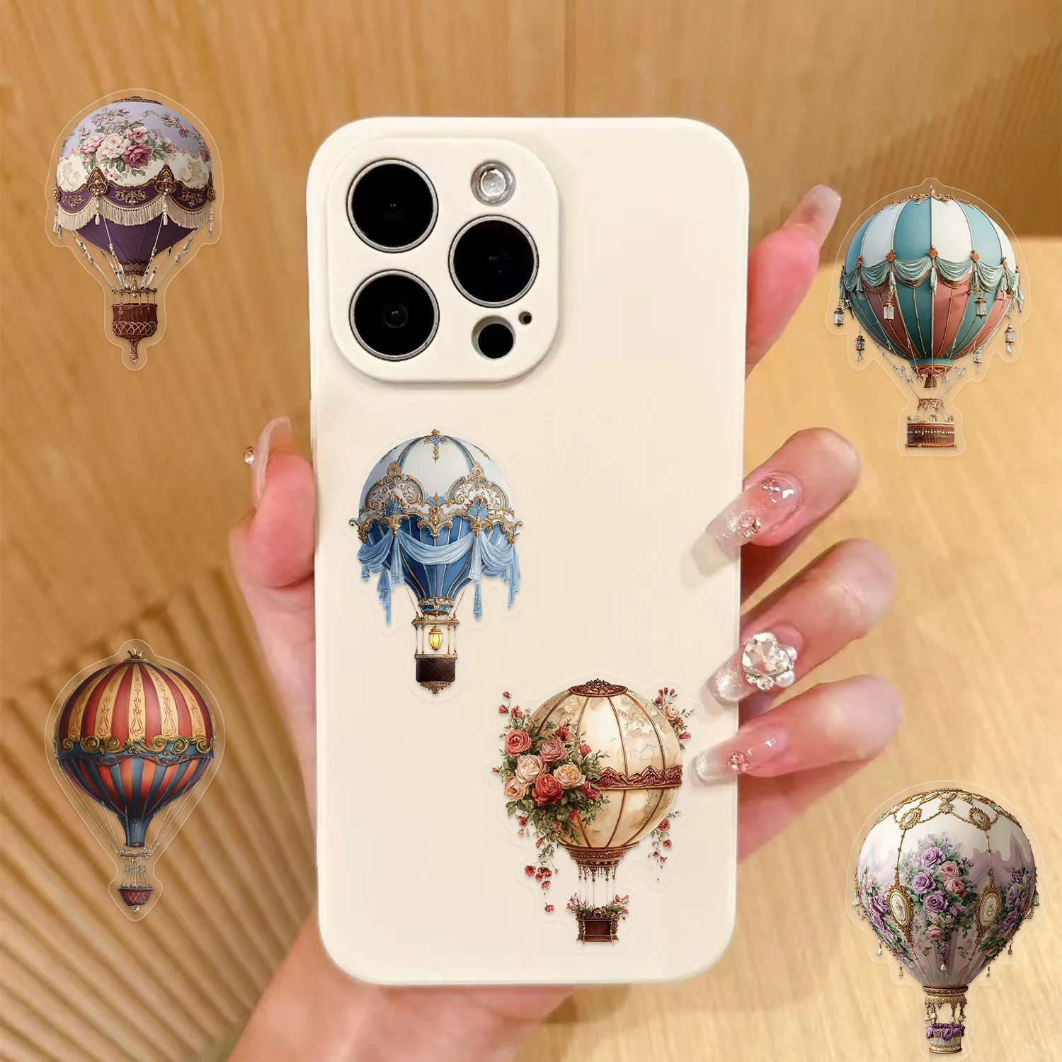 50 Pcs Vintage Hot Air Balloon Stickers Waterproof Transparent Journal Supplies for Guitar Notebook Laptop Phone Case Gift